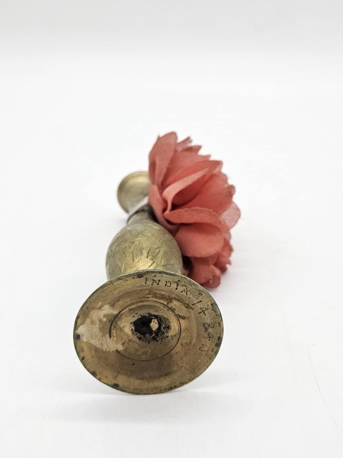 Vintage Indian Etched Brass Vase w/ Flower