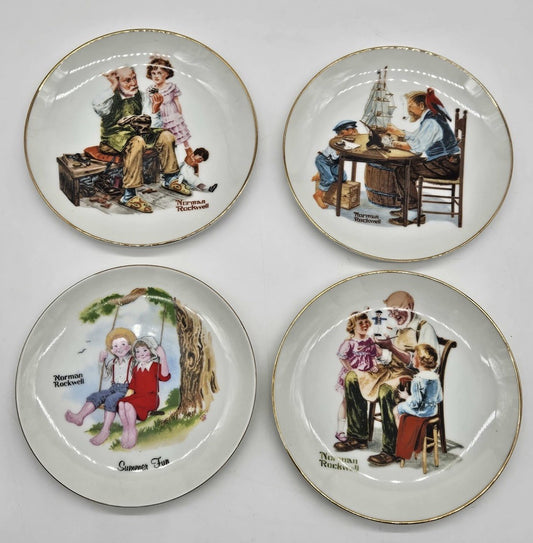 Set of 4 Norman Rockwell Decorative Collector Plates Gold Rim 6.5”