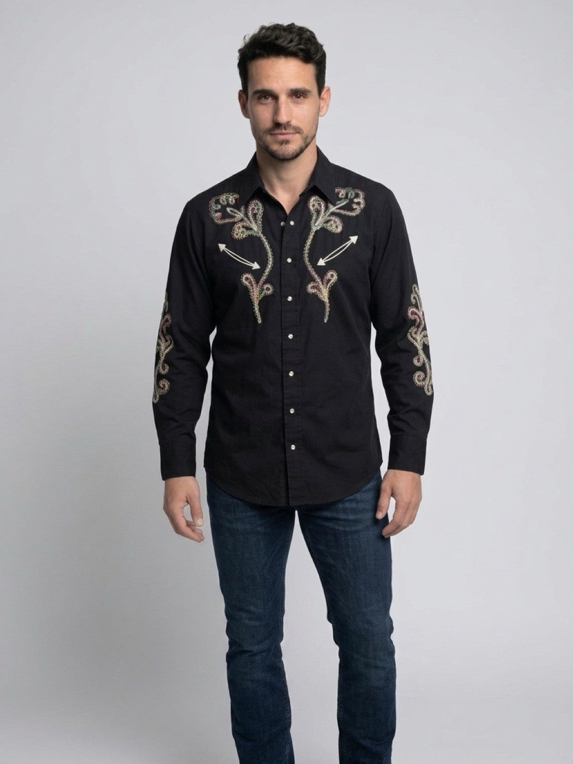 Sears Western Wear Pearl Snap Cowboy Shirt Black Floral Large