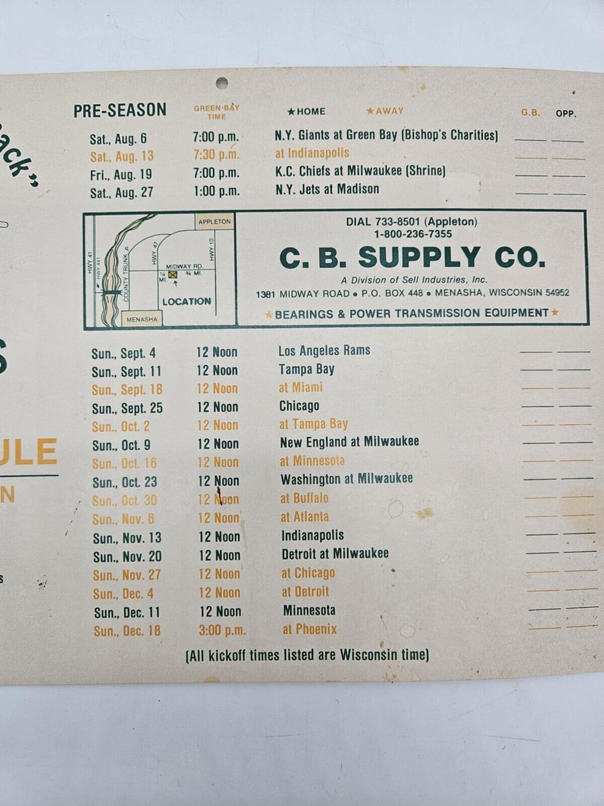 GREEN BAY PACKERS 1988 SCHEDULE