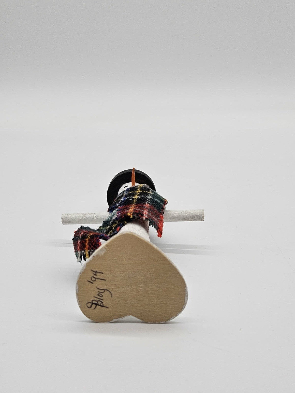 Wooden Snowman Figurine with Plaid Scarf Folk Art
