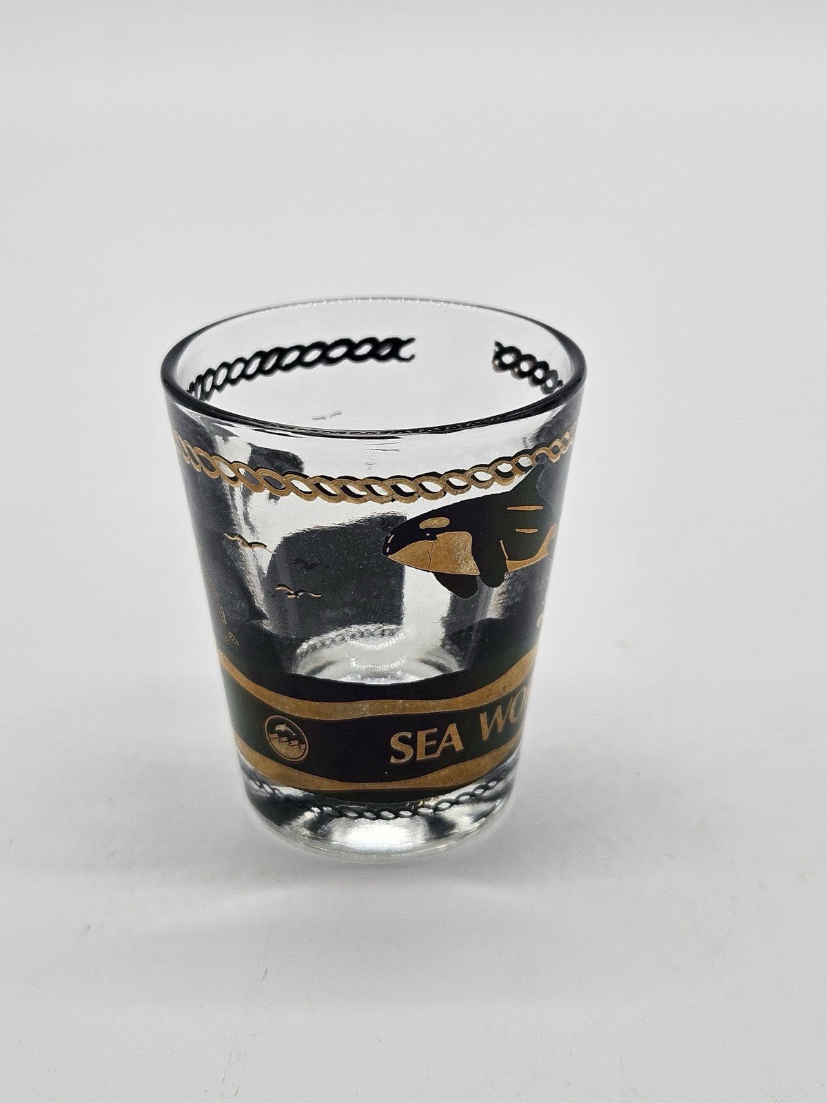 Vintage Sea World Orca Whale Black Gold Souvenir Shot Glass
