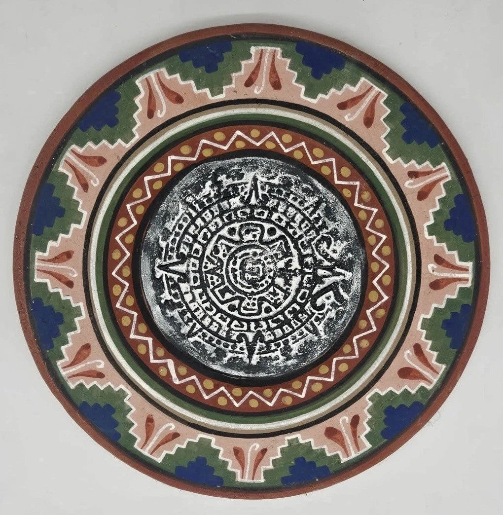 Aztec Mayan Calendar With Sun Glazed Ceramic Wall Plate Hanging Art 12”