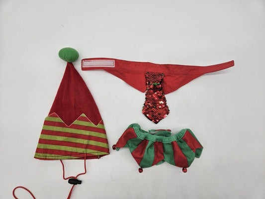 Pets Cat Sm Dog Elf Hat with Bell Neckerchief Scarf & Neck Tie Christmas
