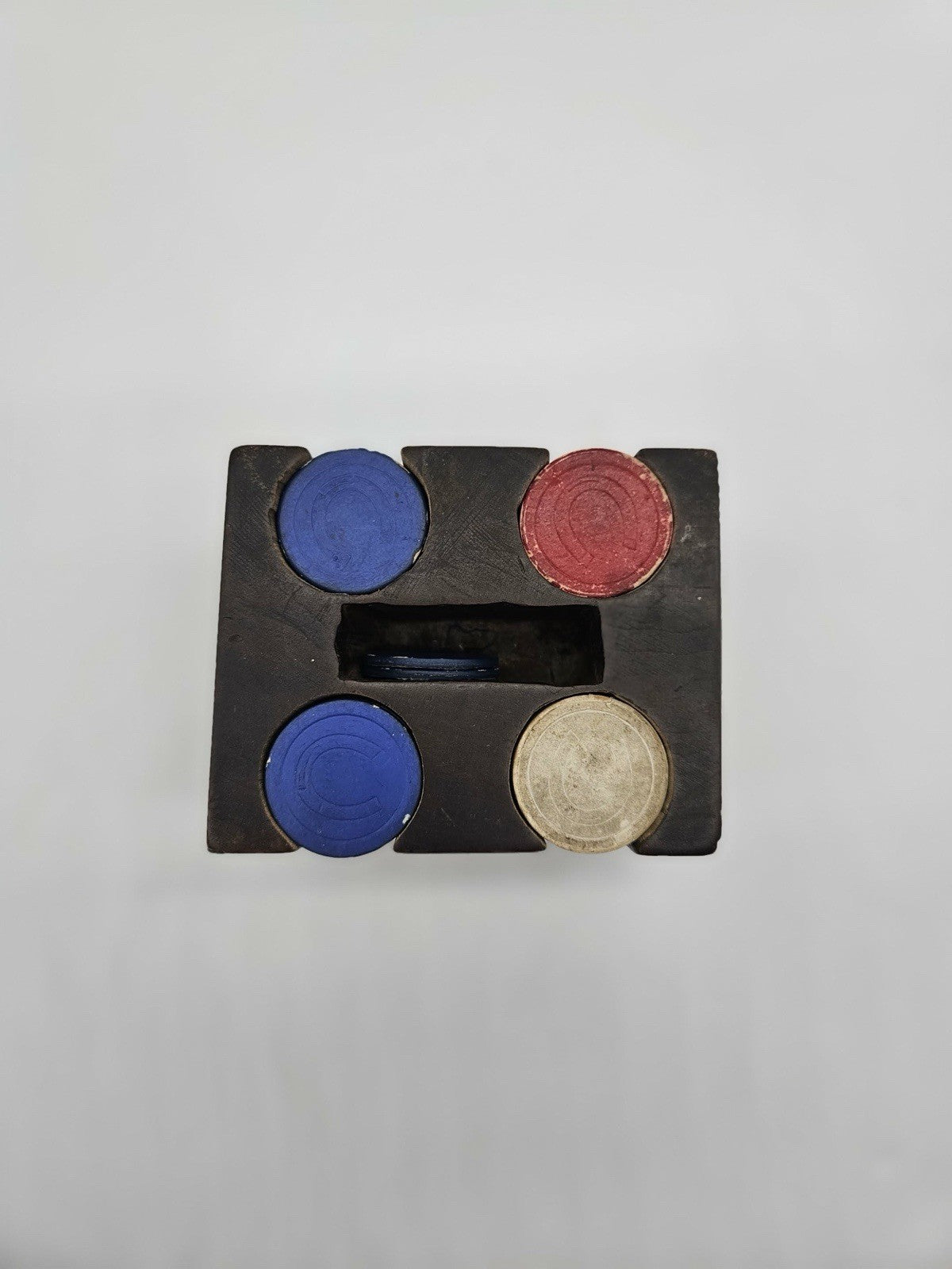 1930s Vintage Wooden Poker Chip Holder Caddy with Star Design Includes Chips