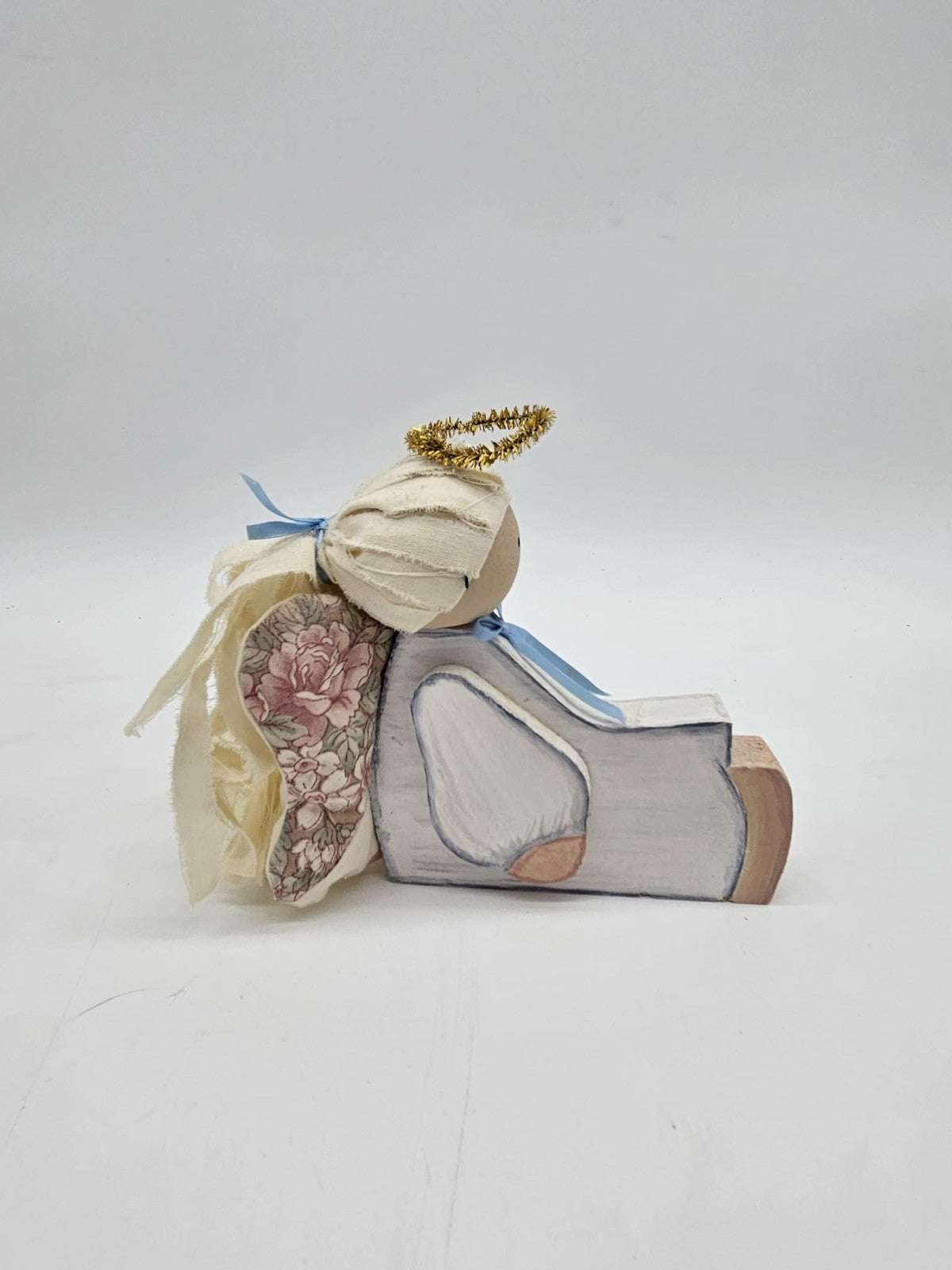 Handcrafted Folk Art Angel Figurine Wooden Fabric Halo Decor