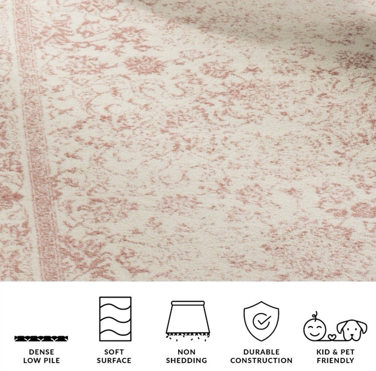 Adirondack ADR109 Non-Shedding Power Loomed Runner Rug - Ivory/Rose - 2'6"x 6'