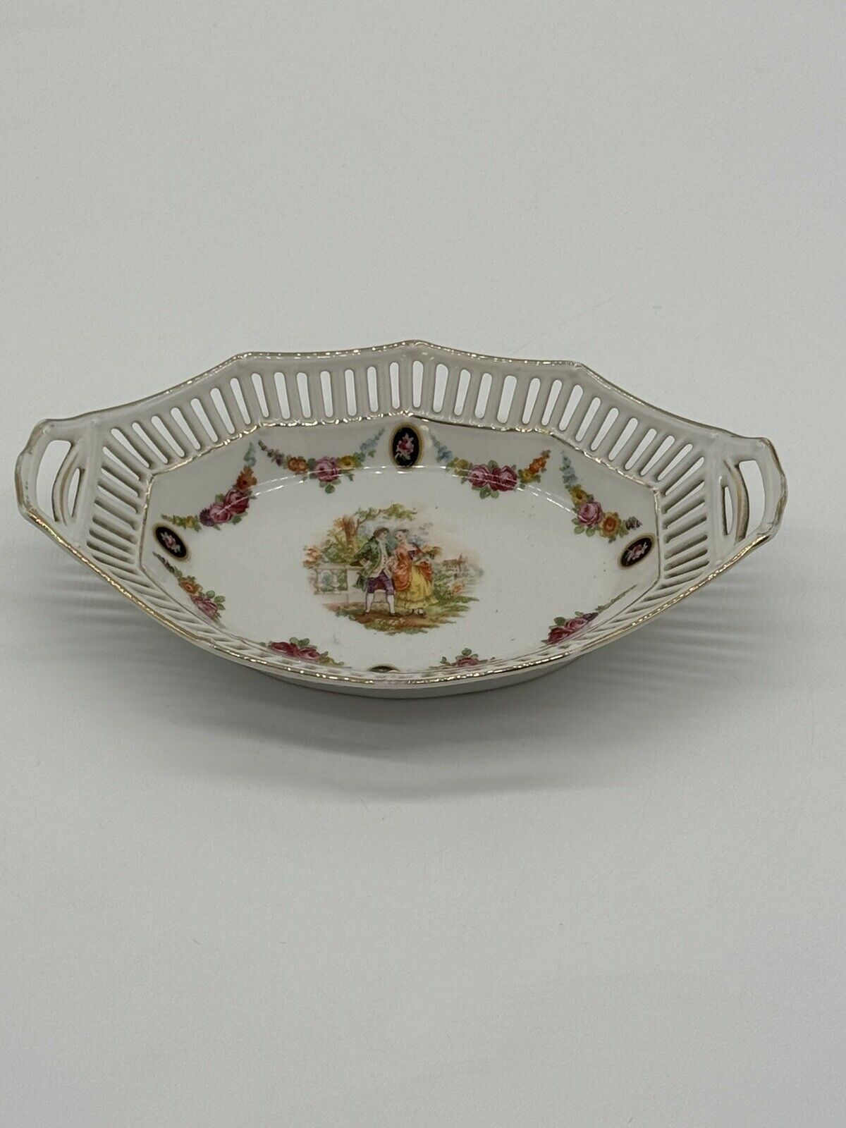 Reticulated German Porcelain Dish White With Gold Trim & Handles Stamped