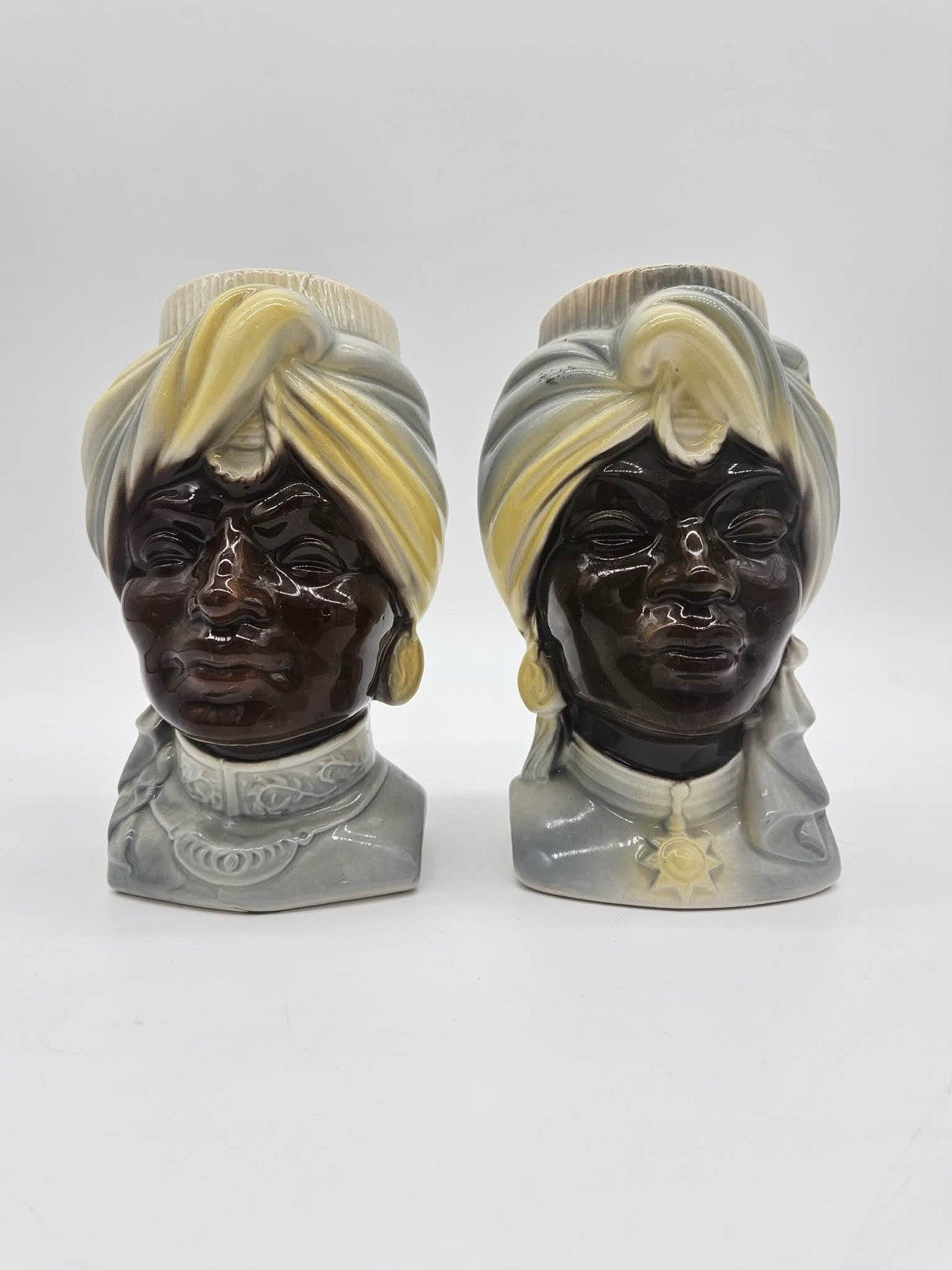 Pair of Royal Copley Blackamoor Head Vases Wall Pockets MCM Ceramic