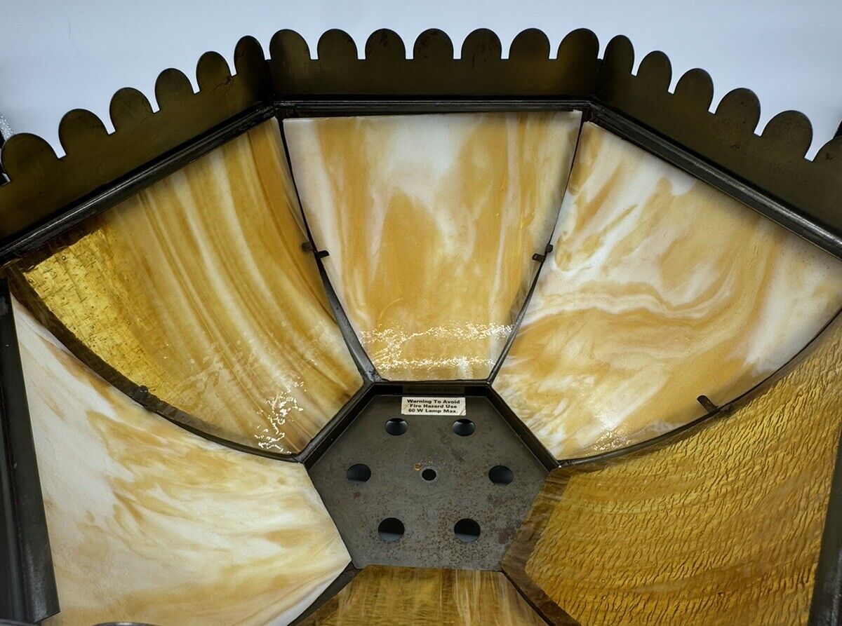 Antique Vintage Brown & Beige Stain Glass Hanging Light Fixture FNF