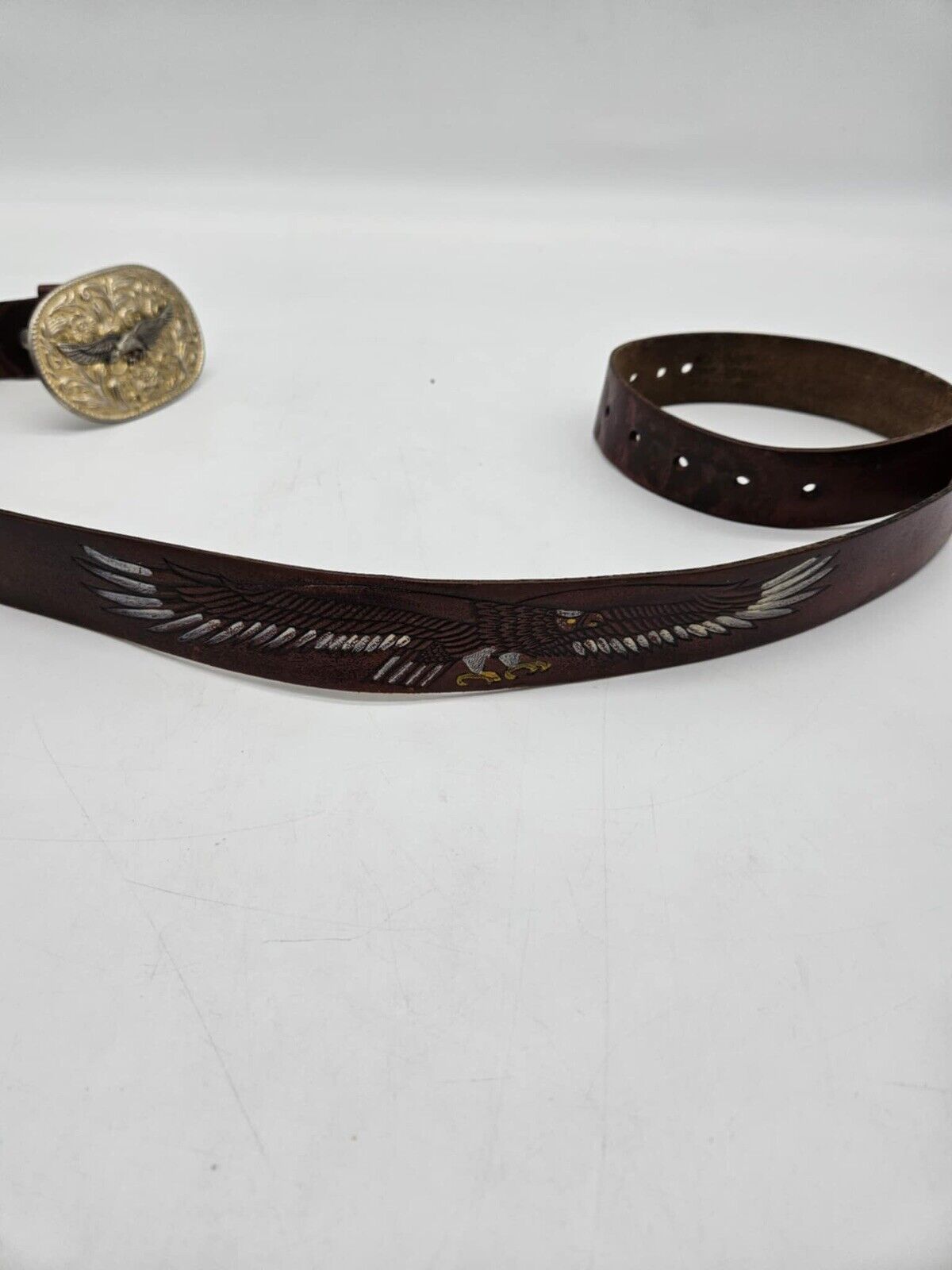 Vintage Eagle Leather Belt with Gold Metal Eagle Buckle, 1970s Era