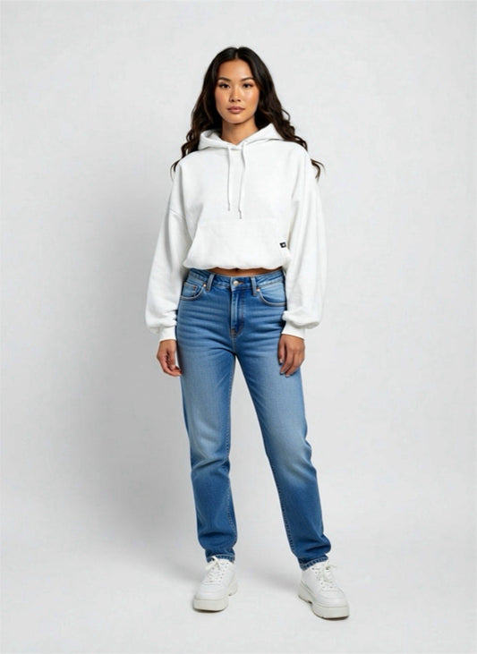 POPFLEX Oversized White Cropped Pullover Hoodie Drawstring Waist Size S/M