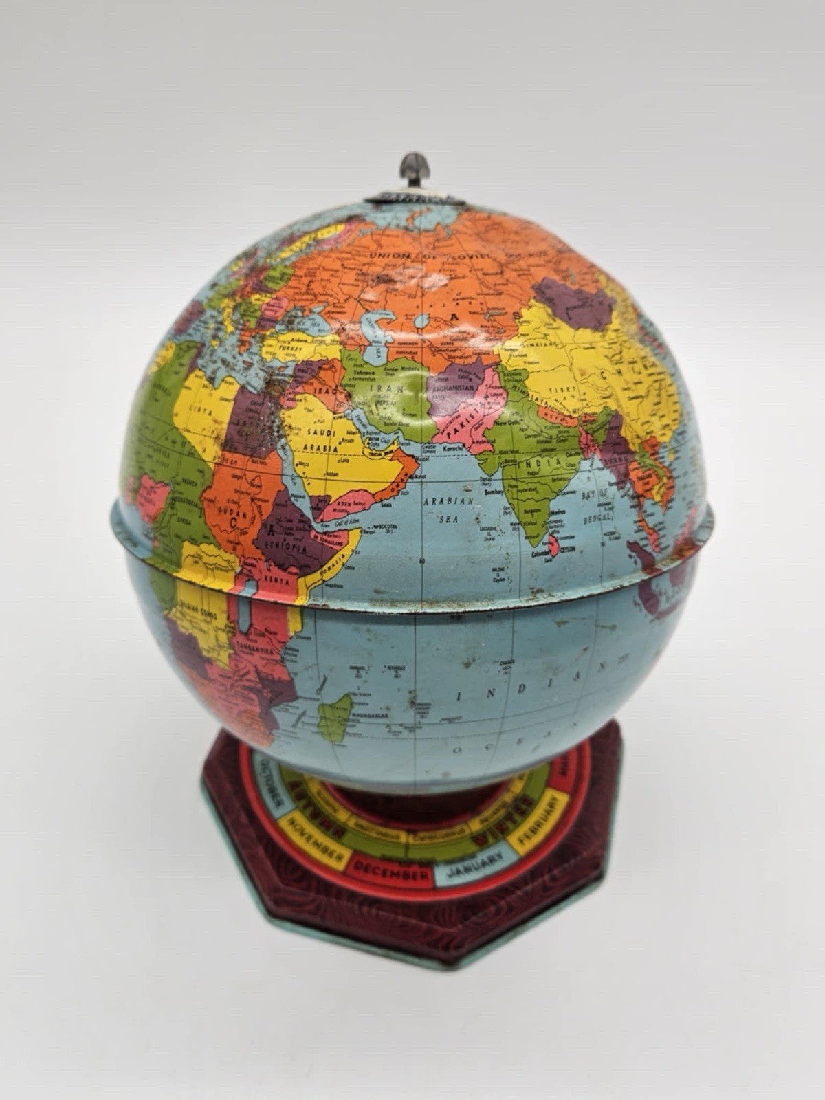 J Chein Antique Tin Litho Metal Globe Seasons Months Zodiac Base Lindbergh Route