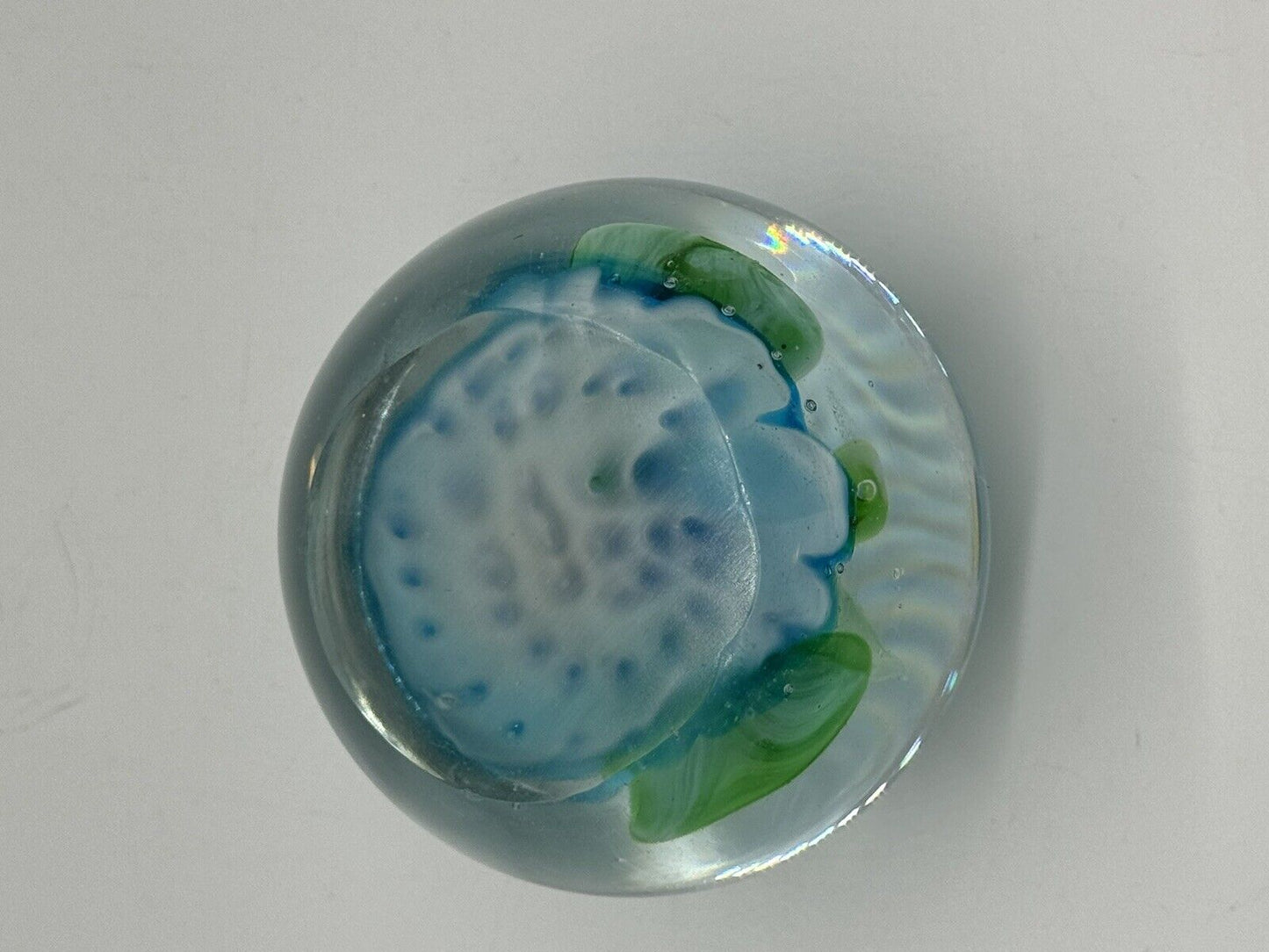 MURANO HAND MADE ART GLASS PAPERWEIGHT BLUE WITH GREEN BIRDS AND FROGS