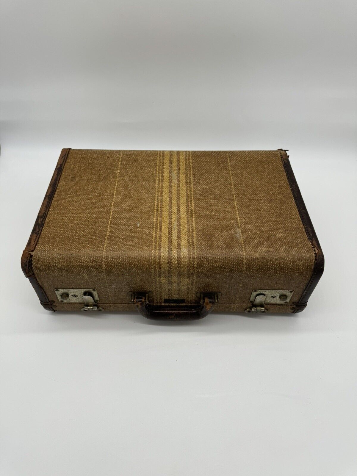 Vintage 1930-40s  Striped Suitcase By Crown W/Leather Trim