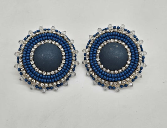 Vintage Blue Beaded Clip-On Earrings Round Seed Bead Rhinestone Statement