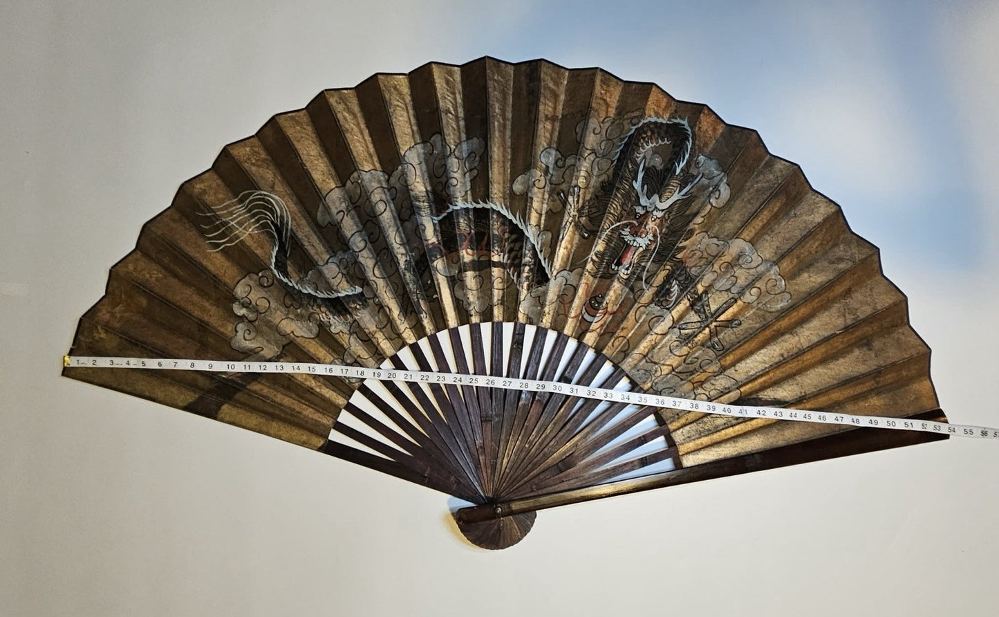 Large Vintage Chinese Dragon Fan Mid Century 54”Hand Painted Wall Fan