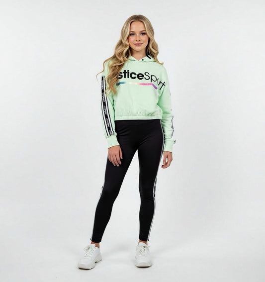 Justice Sport Neon Green Cropped Hoodie Sweatshirt Rainbow Logo Pullover