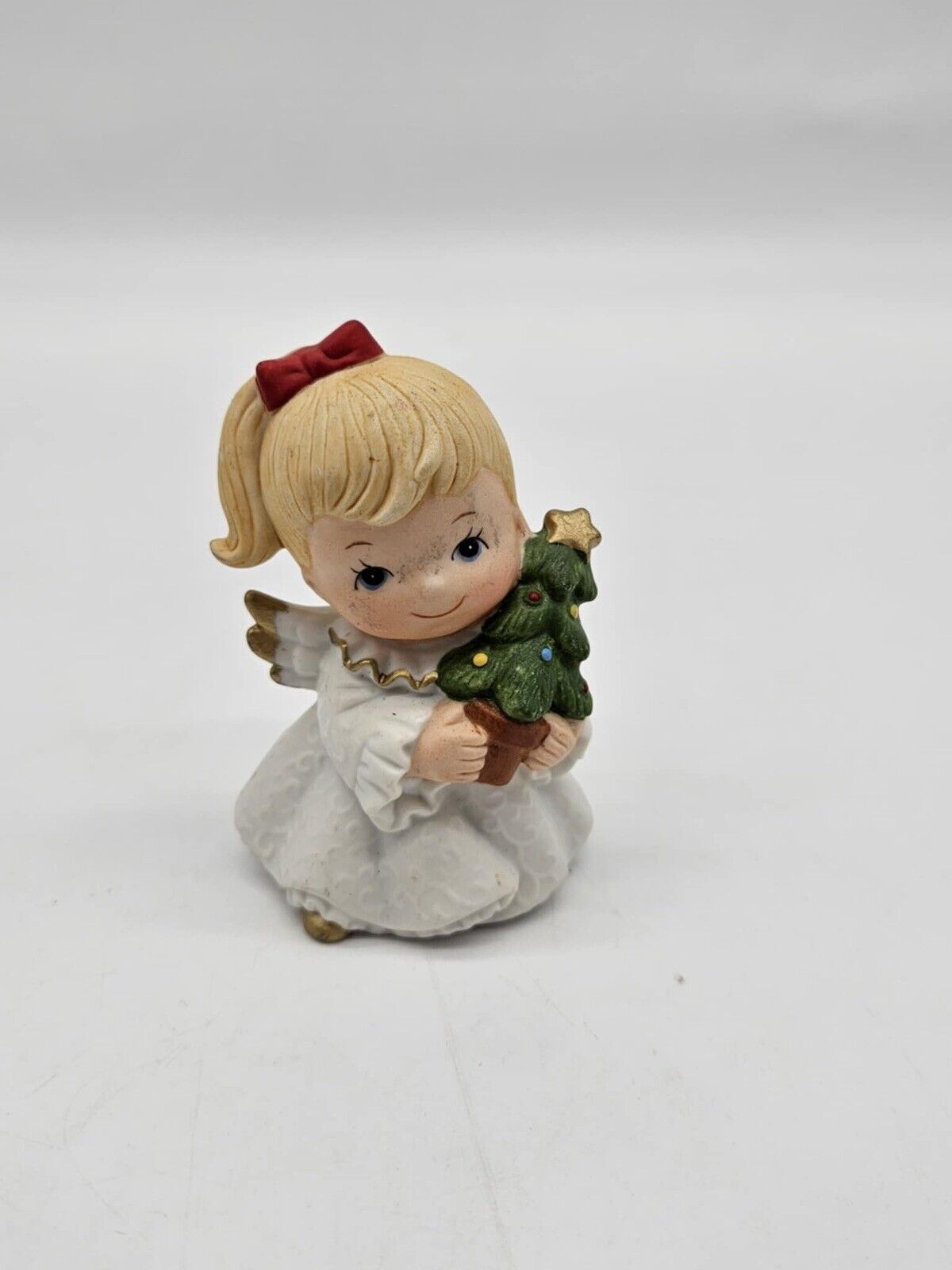 Vintage Small Cute Ceramic Angel Figurine Holding Christmas Tree Holiday