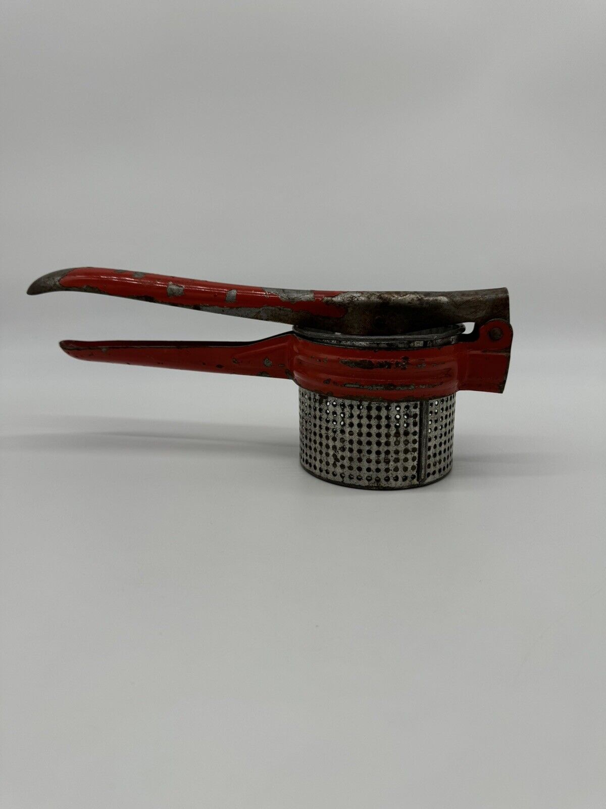 Vintage Potato Ricer Grinder Red Handle Antique Metal Kitchen Tool Juice