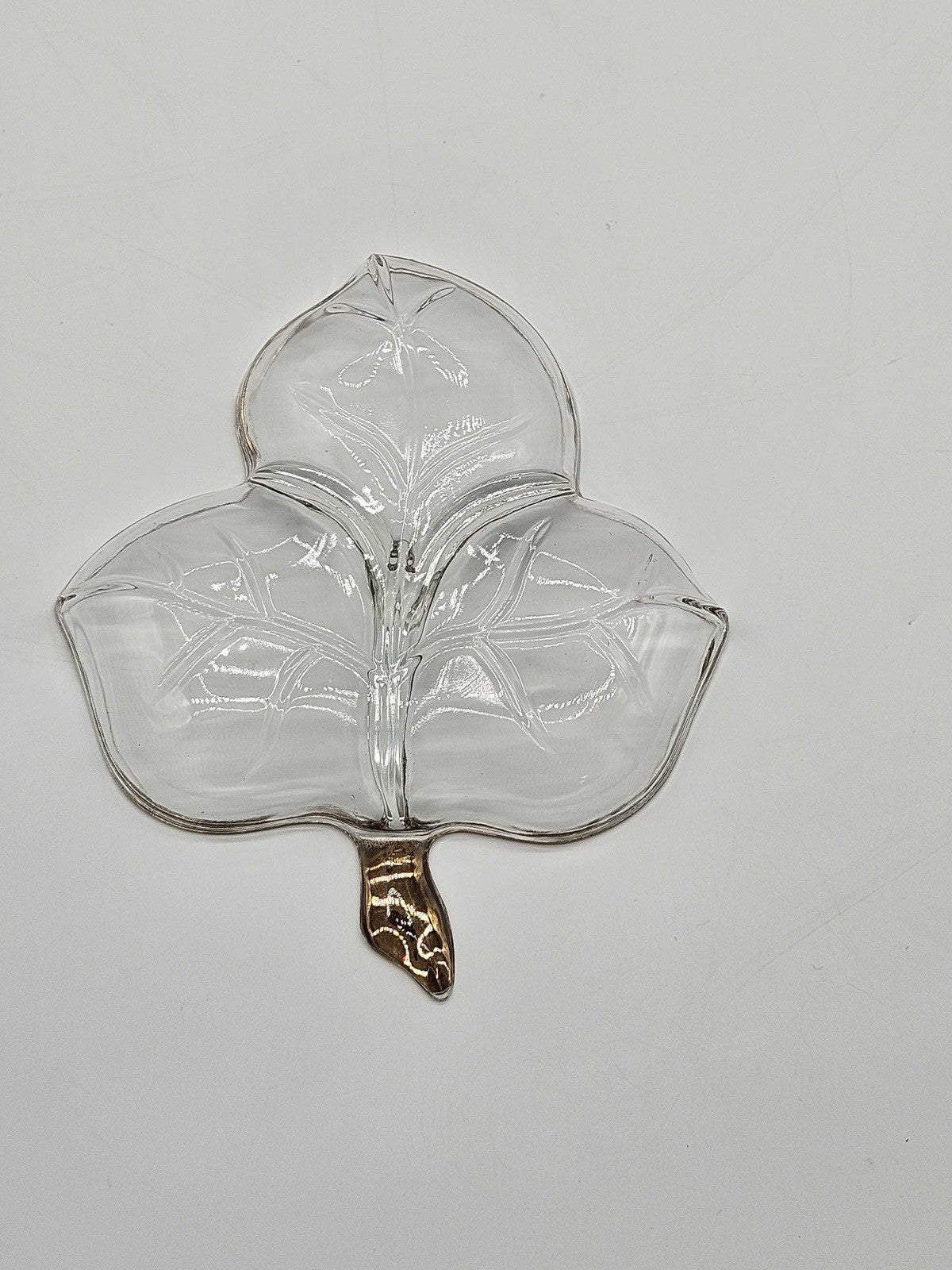 Vintage Clear Glass Gold Trimmed Maple Leaf Shape Divided Candy/Nut Dish