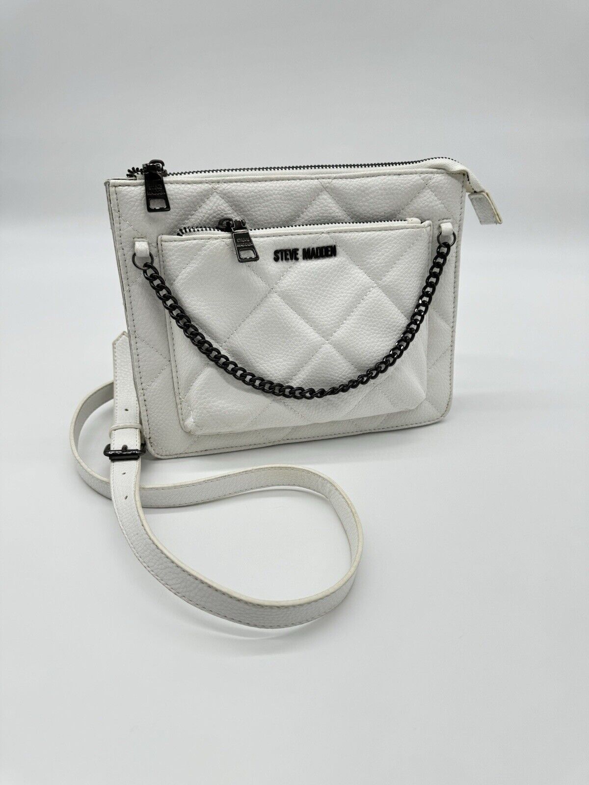 Steve Madden Bbrynn Crossbody Bag White Quilted Chain Bag Adjustable Strap Purse