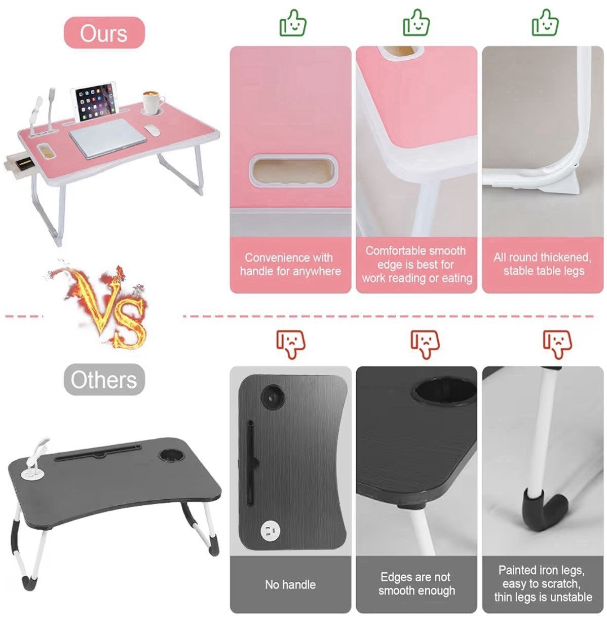 Portable Lap Desk Bed Table Tray, Laptop Stand with Cup Holder & Tablet Slot