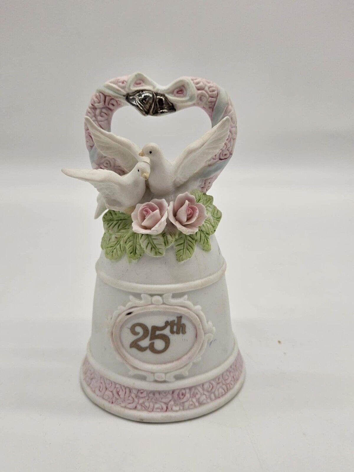 Vintage Lefton Ceramic Bell 25th Wedding Anniversary Silver Accent Bells 1991