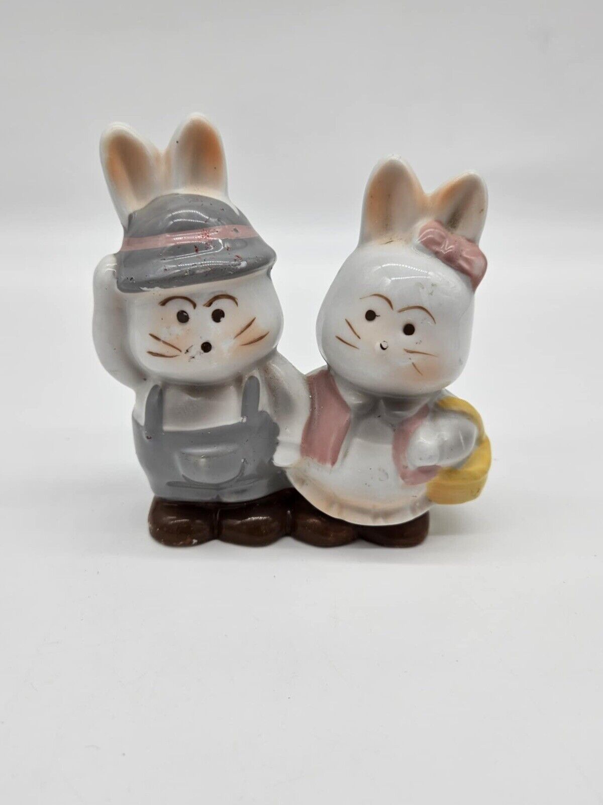Vintage Figurine Bunny Rabbit Couple Pink Grey Hat Bow Basket Made in China GOT