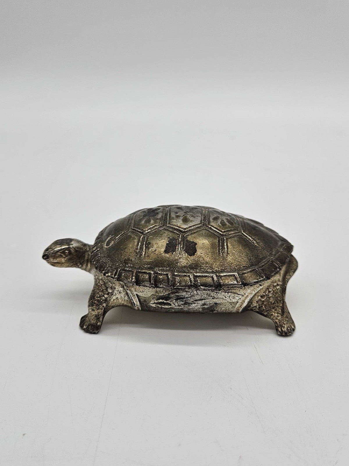 Vintage Turtle Trinket Box Silver Tone Metal Hinged Keepsake Figurine