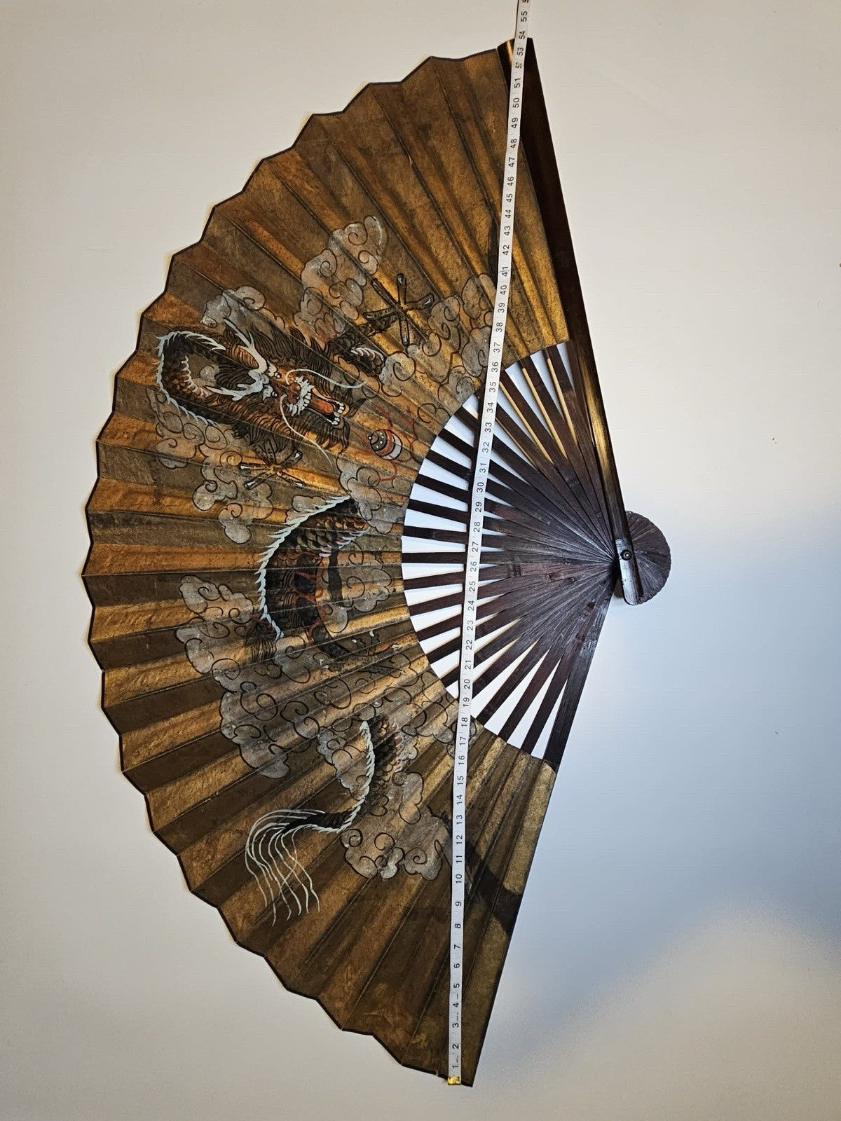 Large Vintage Chinese Dragon Fan Mid Century 54”Hand Painted Wall Fan