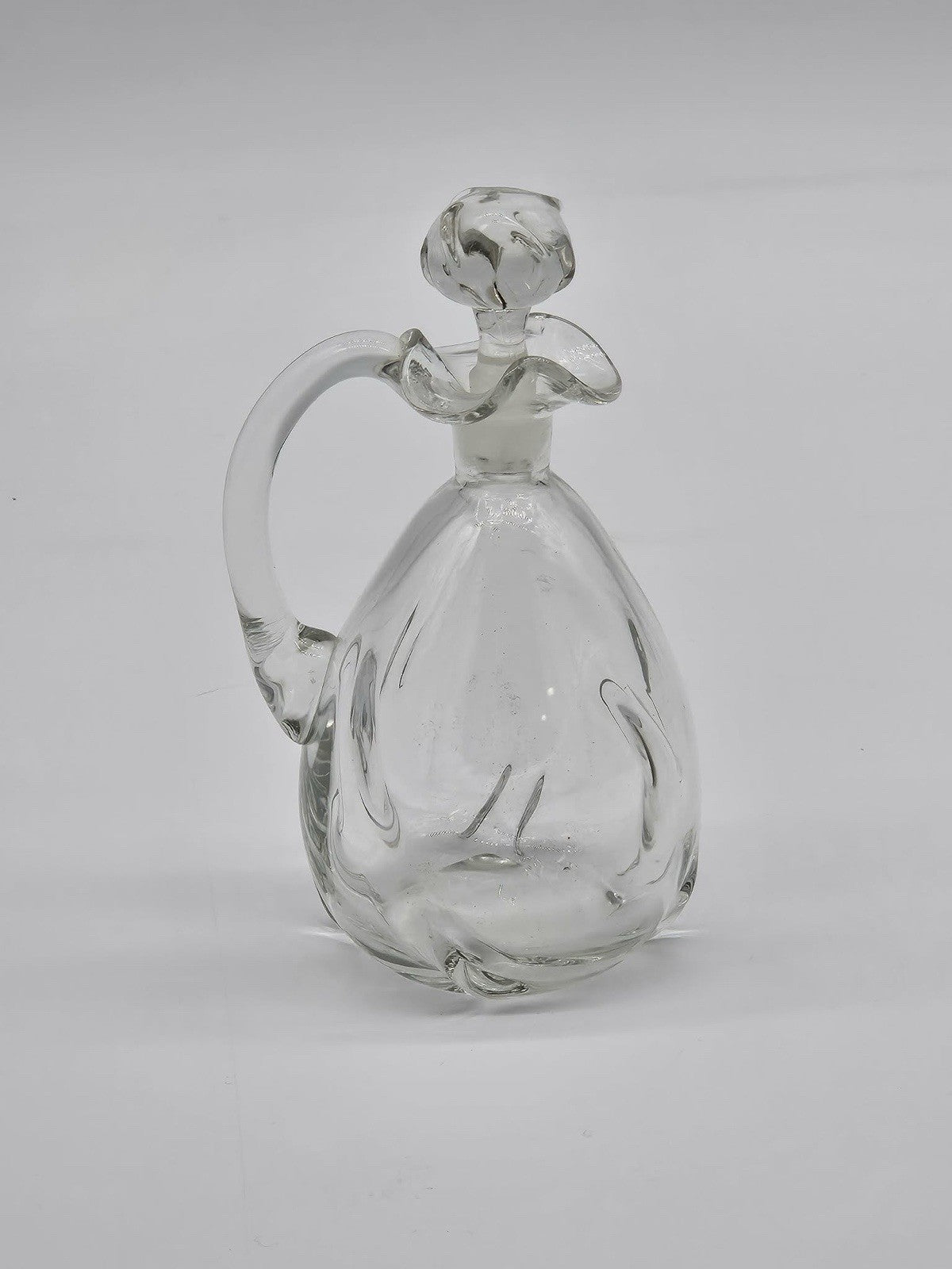 Vintage Mid Century Hand Blown Crystal Crimp Top Handled Cruet