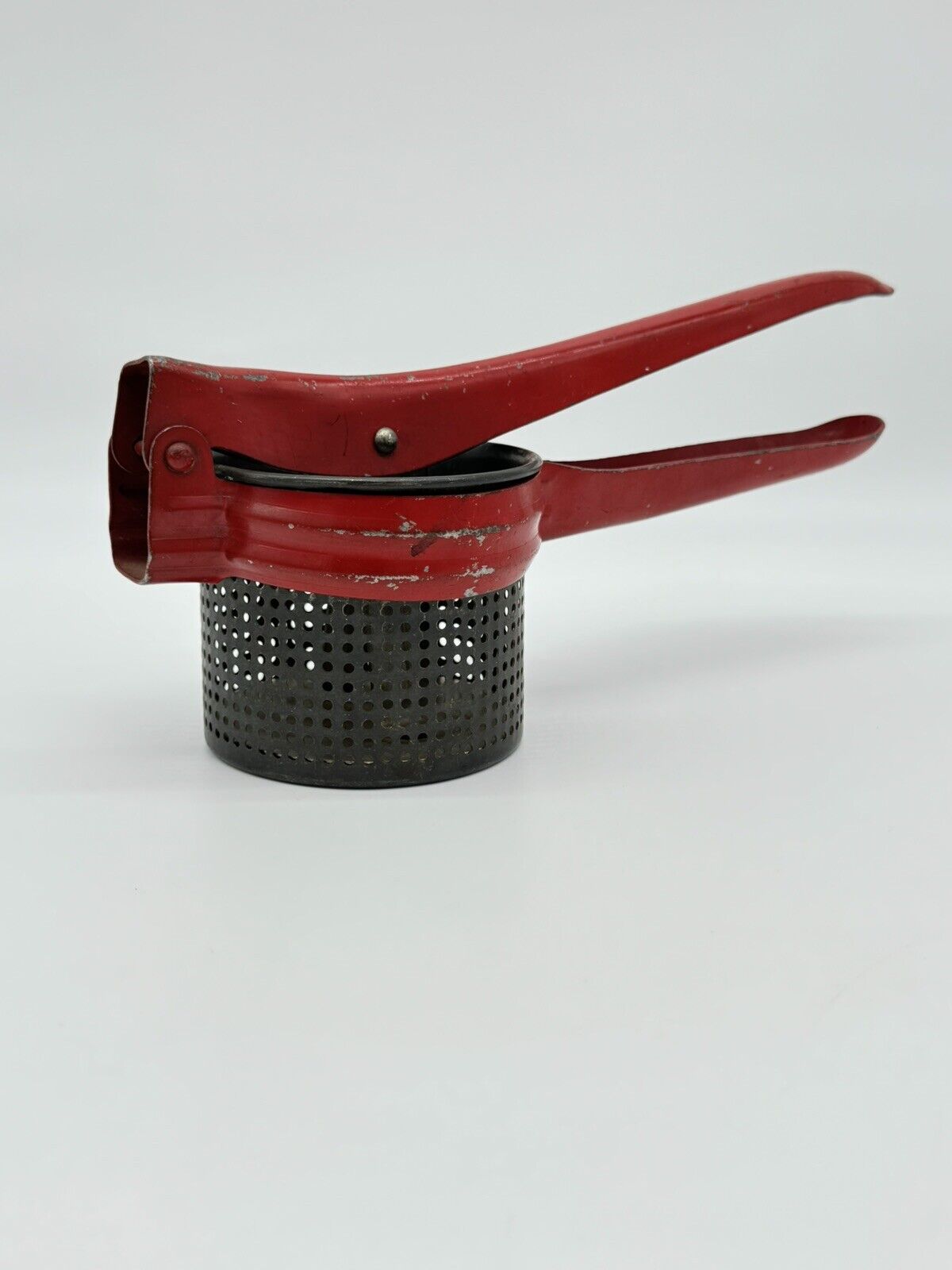 Vintage 1950's Metal Potato Ricer With Red Handle & Frame Masher Strainer