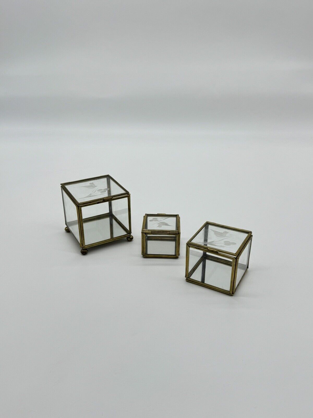 Antique Brass Glass Jewellery Boxes Set of 3 Original Old Hand Crafted