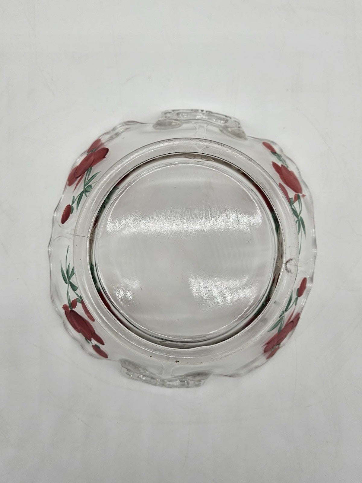 Vintage Clear Glass Bowl Hand Painted Red Floral Design