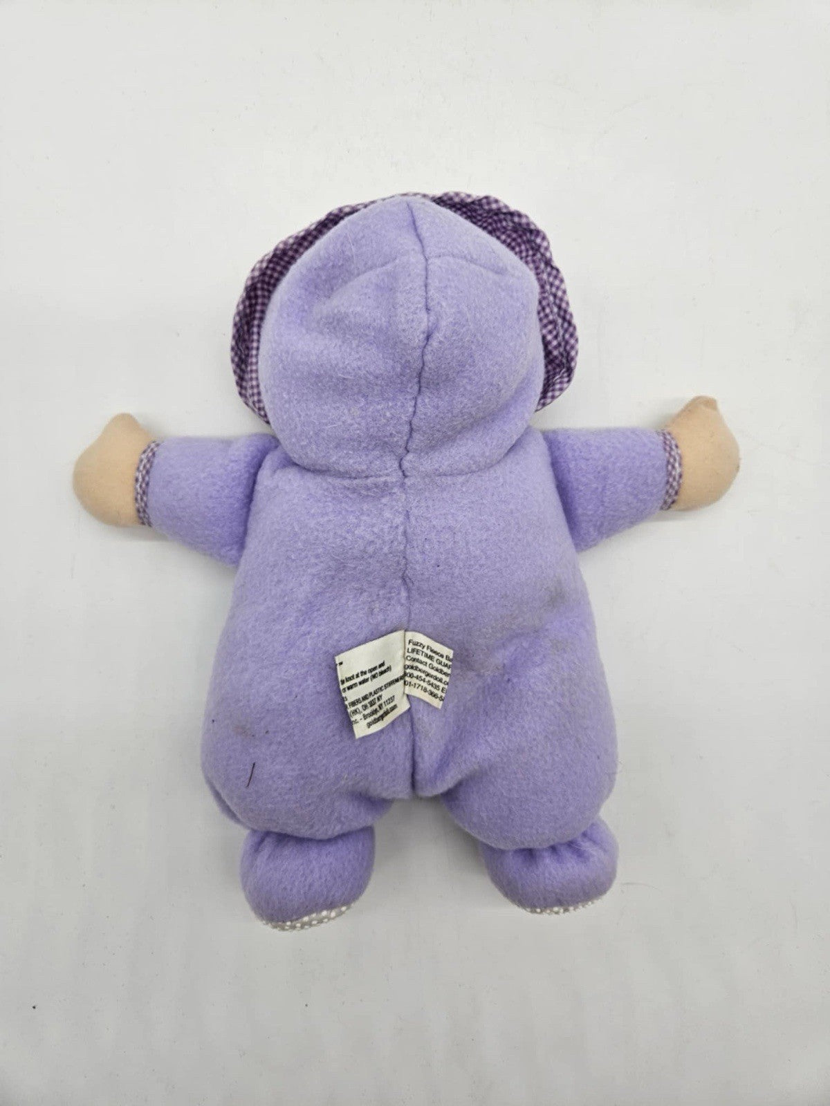 VTG Fuzzy Fleece Bay Doll Purple Hearts Blue Eyes Hard Face Plush 11" Toy