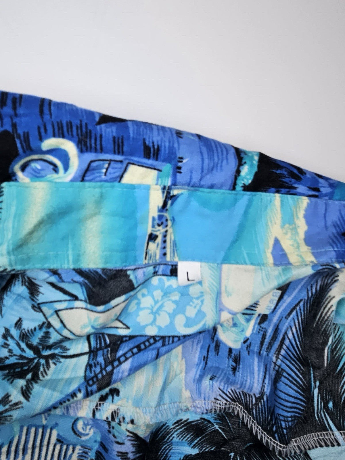 Vintage Style Blue Hawaiian Shirt Surf Beach Scene Button Up Men’s Sz L