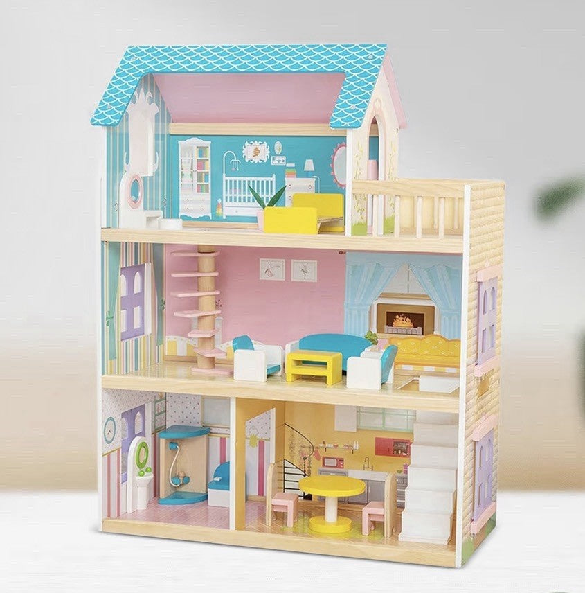 Wooden Dollhouse for Girls with Furniture & Accessories, Playset, Pretend Hou...