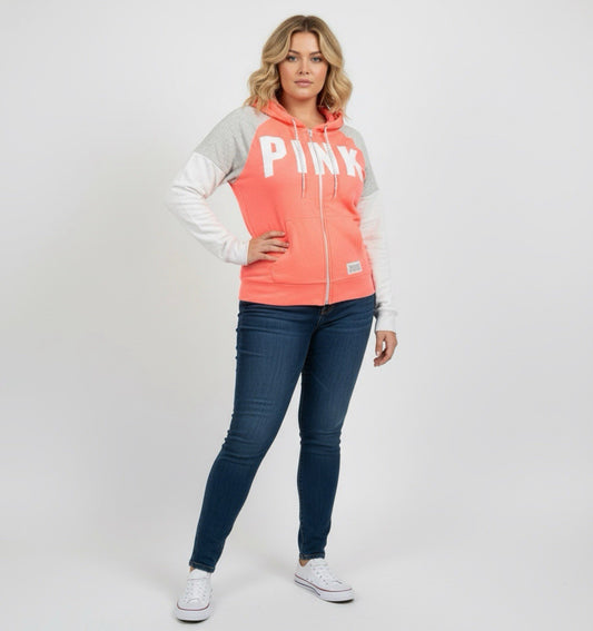 Victoria’s Secret PINK Coral Zip Up Hoodie Colorblock Logo Size L