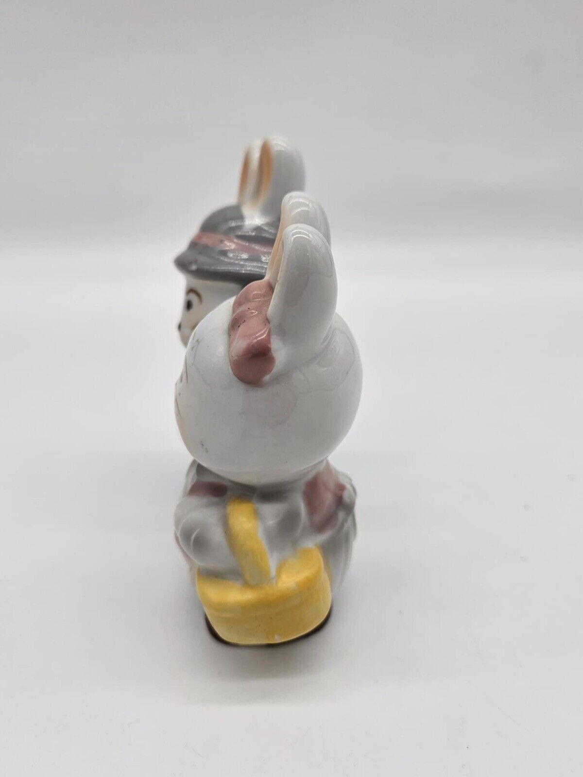 Vintage Figurine Bunny Rabbit Couple Pink Grey Hat Bow Basket Made in China GOT