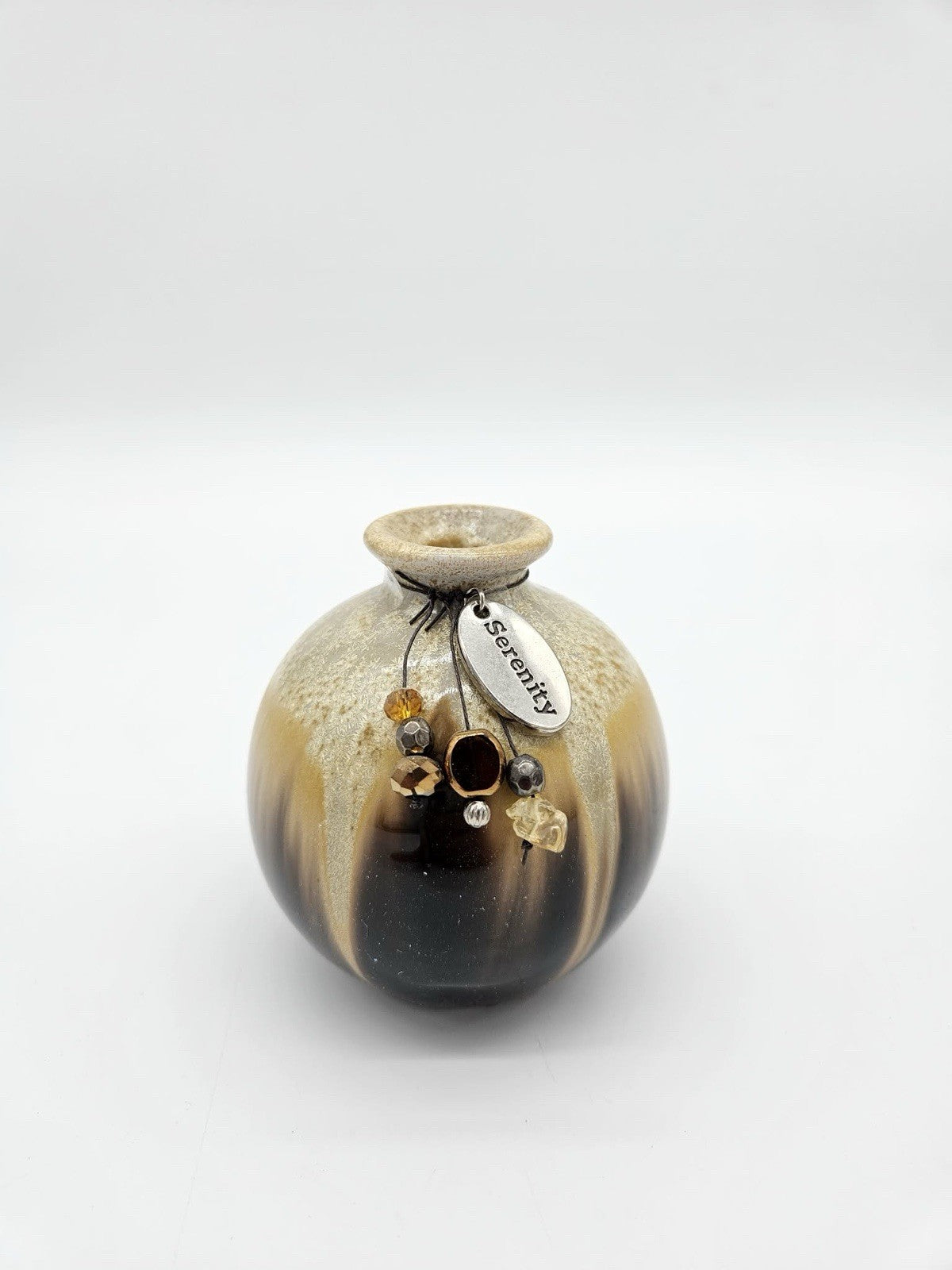 Small Stoneware Bud Vase with Beaded Charm “Serenity”