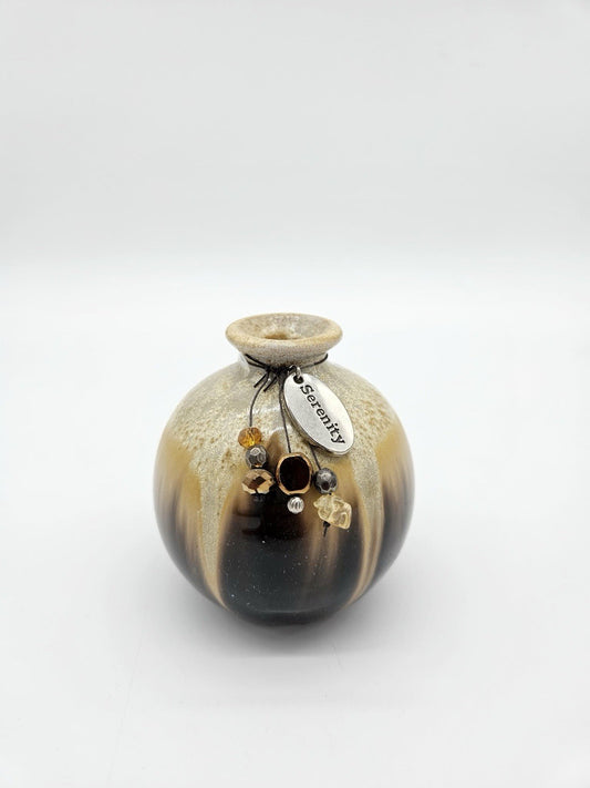 Small Stoneware Bud Vase with Beaded Charm “Serenity”