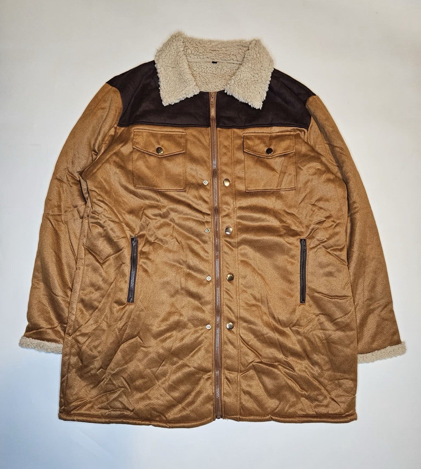 Men’s Brown Sherpa Lined Trucker Jacket Coat Zip Front Faux Leather 3XL