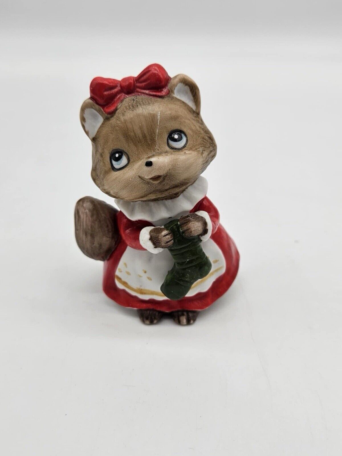 Vintage Xmas Brown Girl Chipmunks in Santa Suits Holding Green Christmas Stock