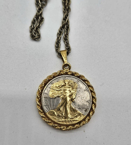 Vintage 1943 Gold Plated Walking Liberty Pendant