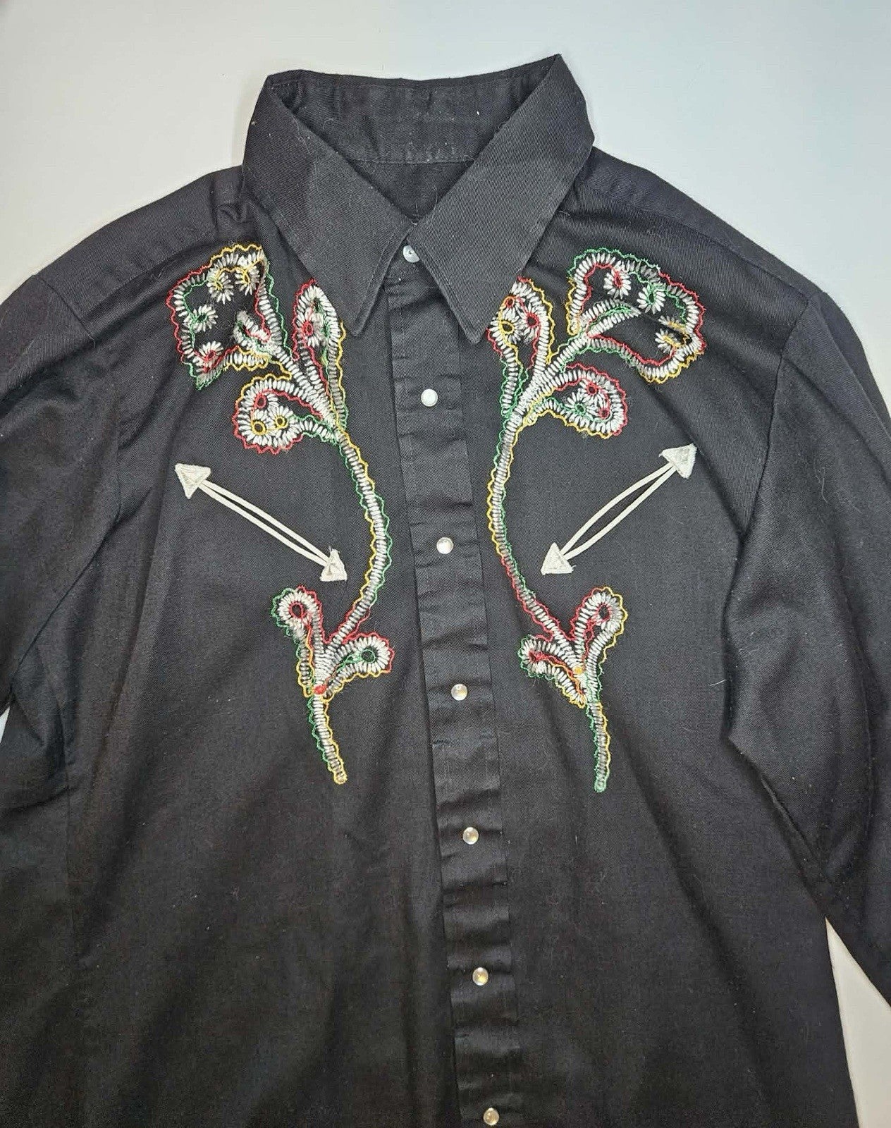Sears Western Wear Pearl Snap Cowboy Shirt Black Floral Large
