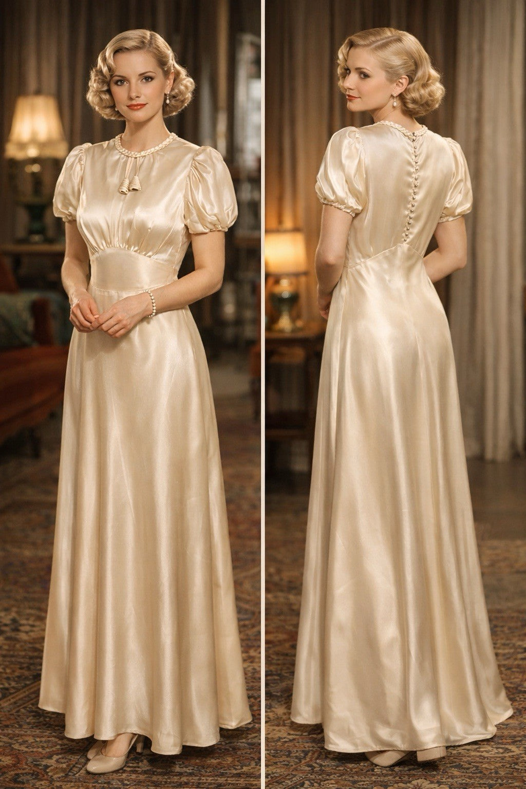 1930s Vintage Ivory Satin Gown w/ Puff Sleeves & Button Back ~ Art Deco Bridal