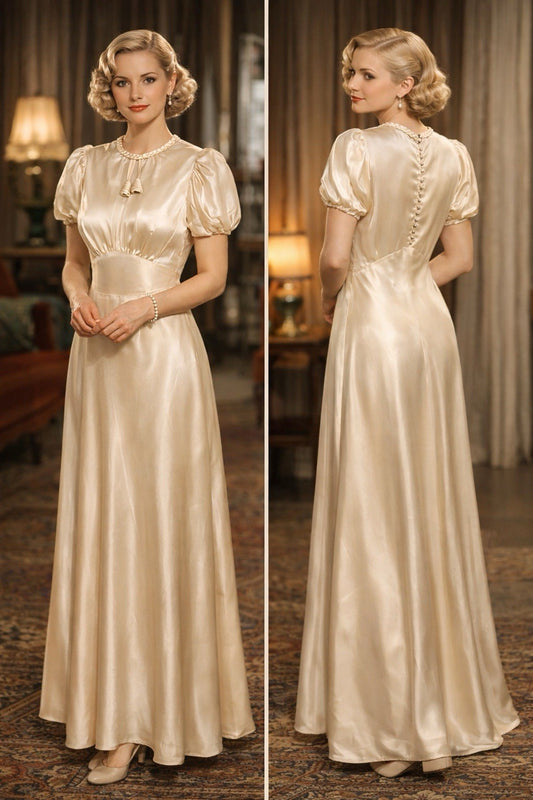 1930s Vintage Ivory Satin Gown w/ Puff Sleeves & Button Back ~ Art Deco Bridal