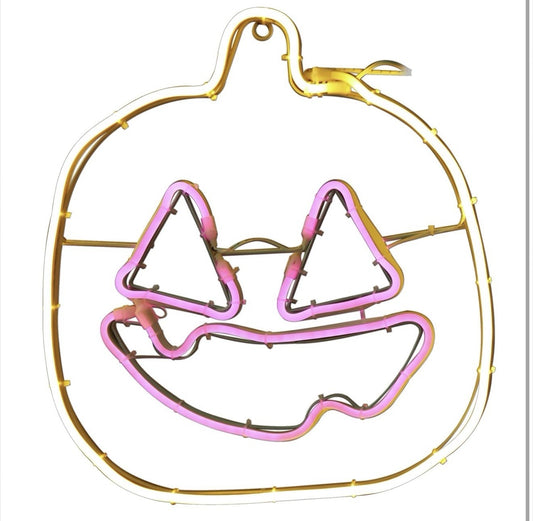 Neon Tube LED Pumpkin with Purple Face Hanging Decor