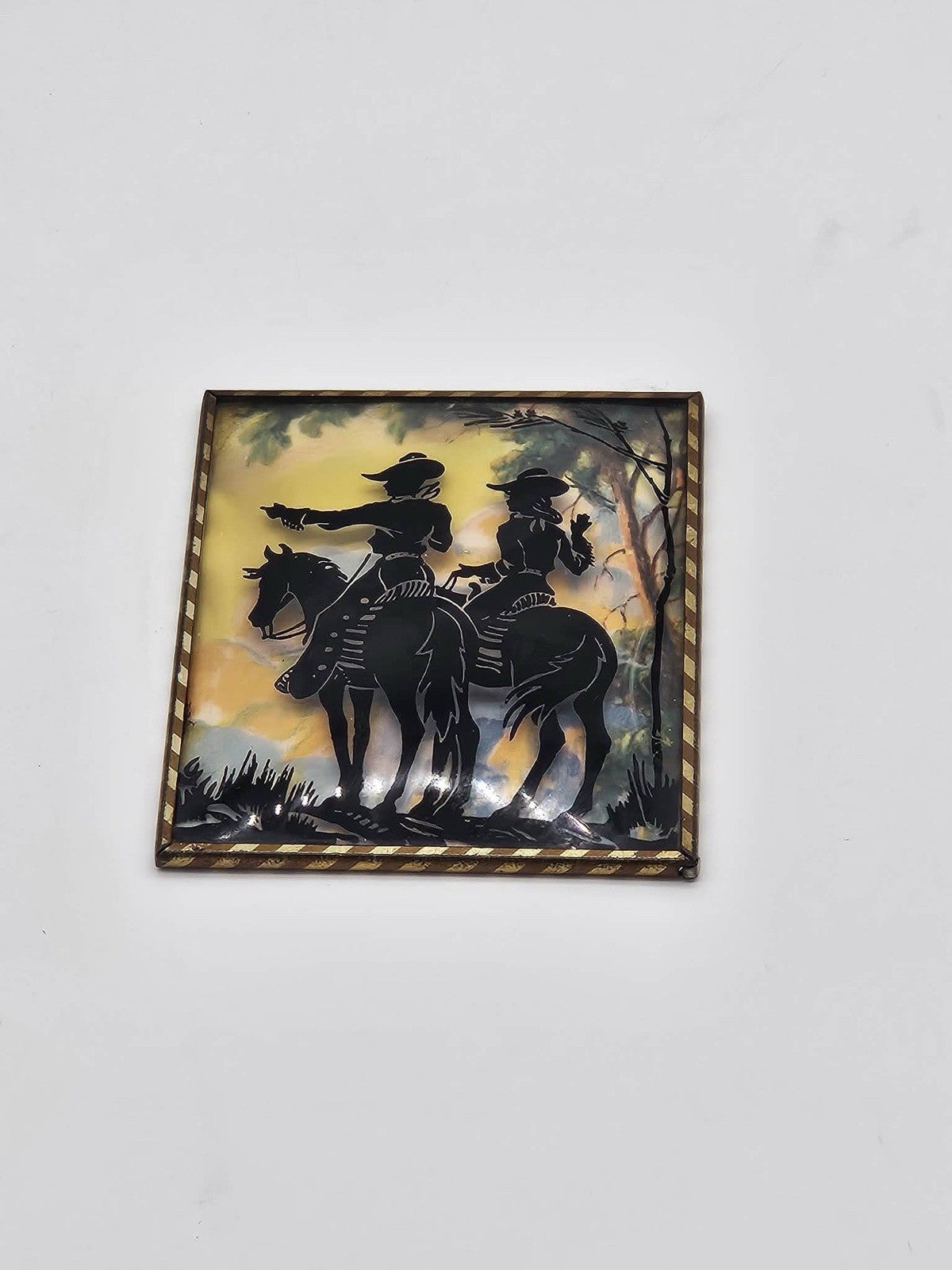 Vintage Pair Western Cowboy-Cowgirl on Horses, Convex Glass Silhouettes